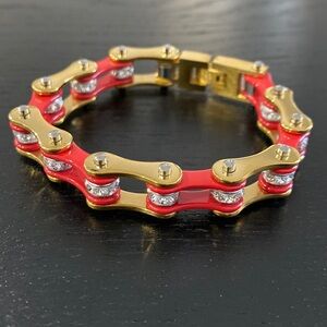 Red Gold and Silver Stainless Steel Bike Chain Bracelet with Stones